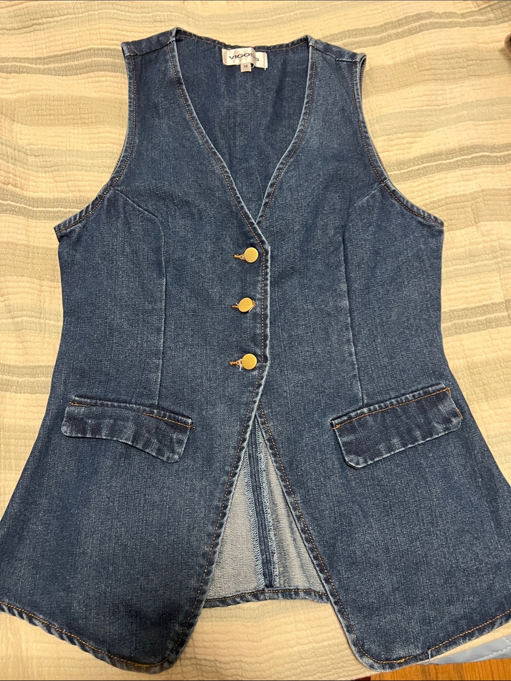 Vigoss Blue Denim Sleeveless Vest with Gold Buttons